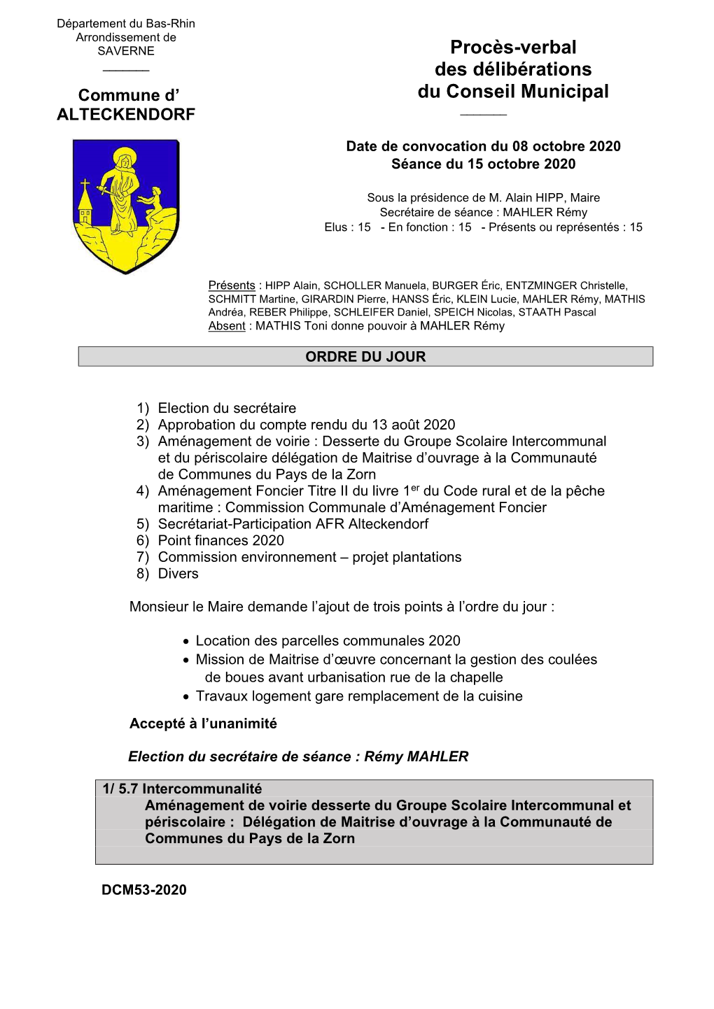 Procès-Verbal Des Délibérations Du Conseil Municipal