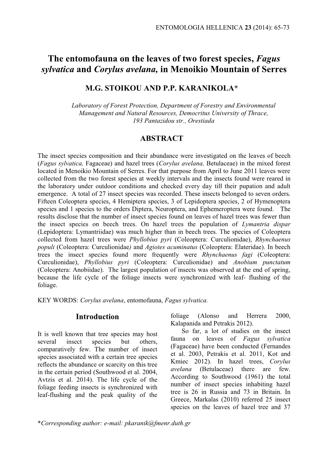 The Entomofauna on the Leaves of Two Forest Species, Fagus Sylvatica and Corylus Avelana, in Menoikio Mountain of Serres