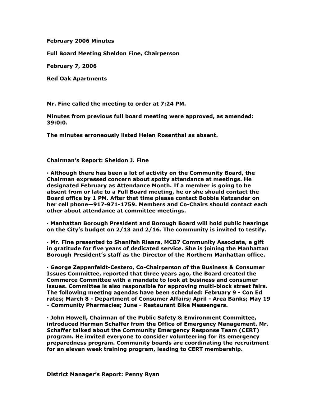 February 2006 Minutes Full Board Meeting Sheldon Fine, Chairperson