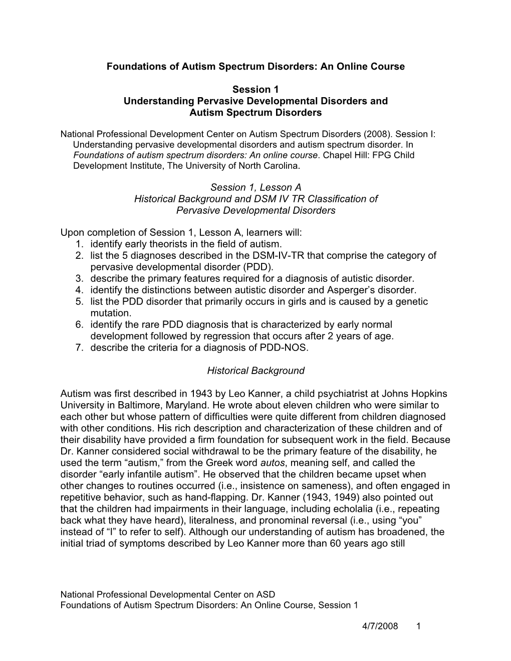 Session 1 Understanding Pervasive Developmental Disorders and Autism Spectrum Disorders