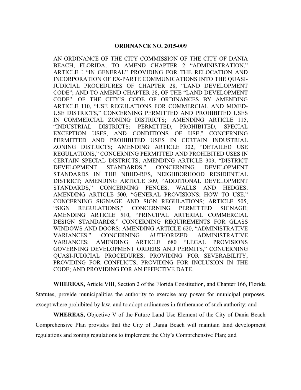 An Ordinance of the City Commission of the City of Dania Beach, Florida, to Amend Chapter