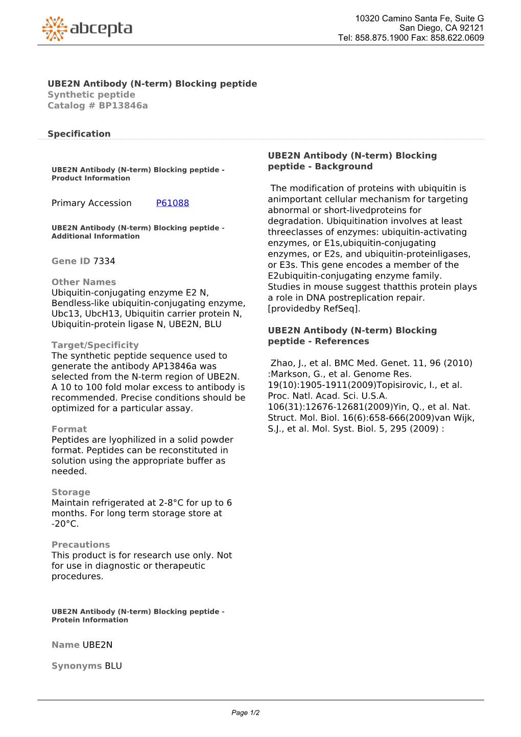 UBE2N Antibody (N-Term) Blocking Peptide Synthetic Peptide Catalog # Bp13846a