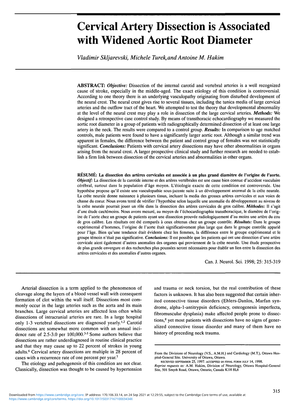 Cervical Artery Dissection Is Associated with Widened Aortic Root Diameter