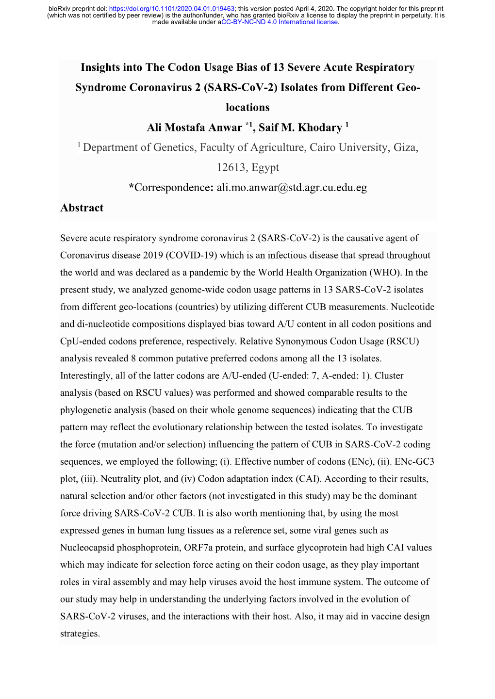 Insights Into the Codon Usage Bias of 13 Severe Acute