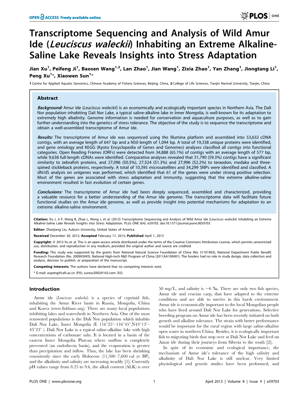 Transcriptome Sequencing and Analysis of Wild Amur Ide (Leuciscus Waleckii) Inhabiting an Extreme Alkaline-Saline Lake Reveals Insights Into Stress Adaptation