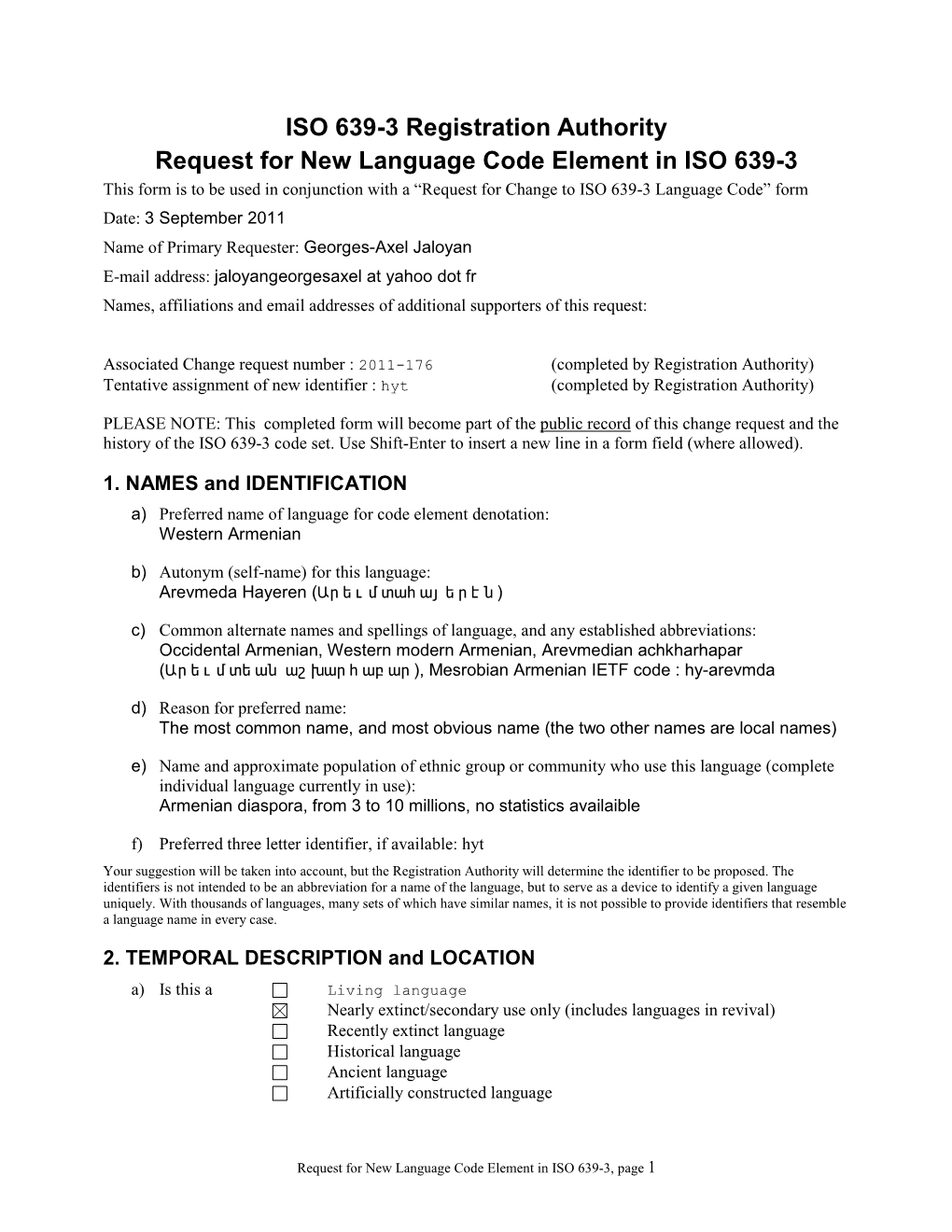 ISO 639-3 Registration Authority Request for New Language Code