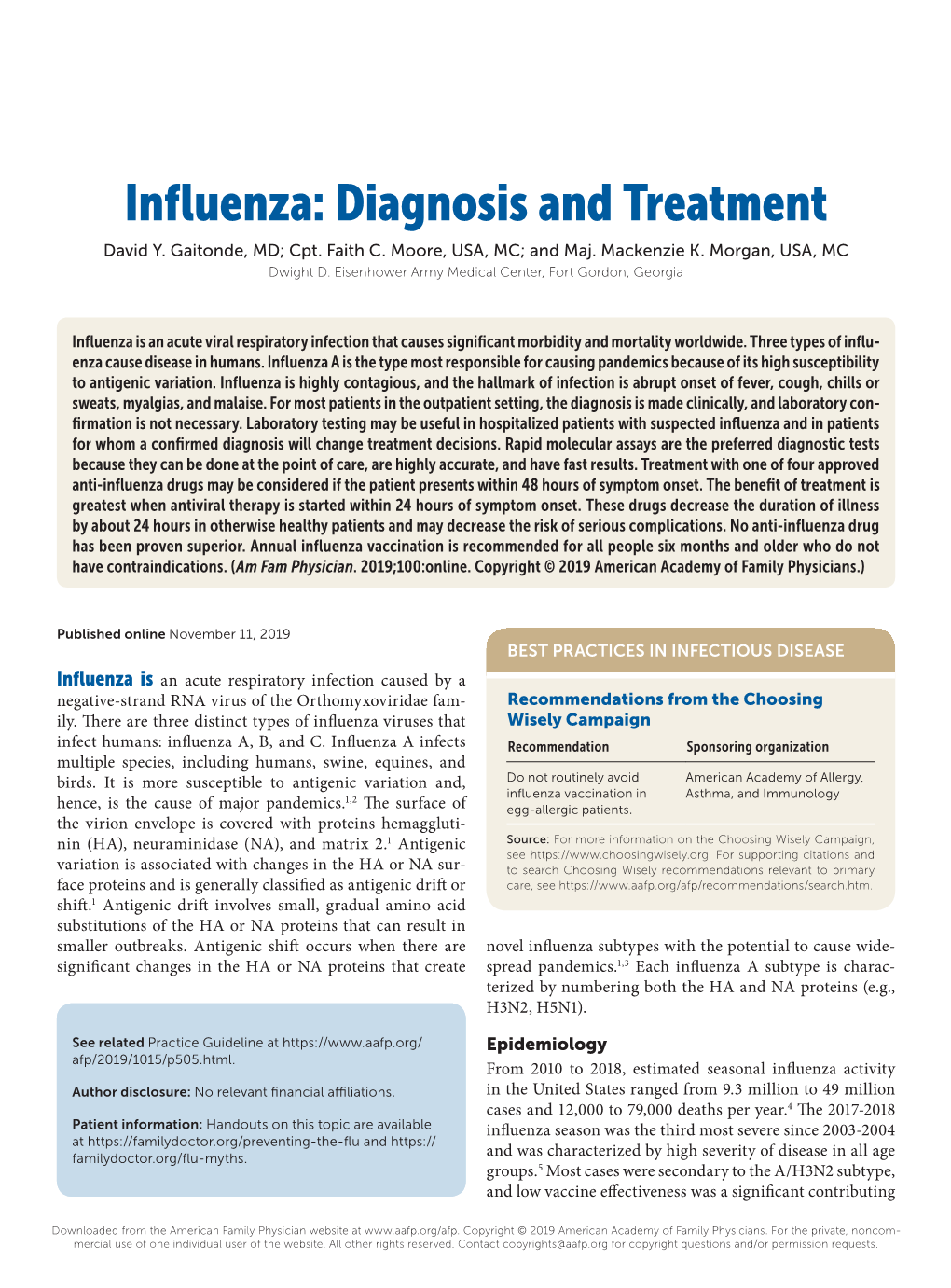 Influenza: Diagnosis and Treatment