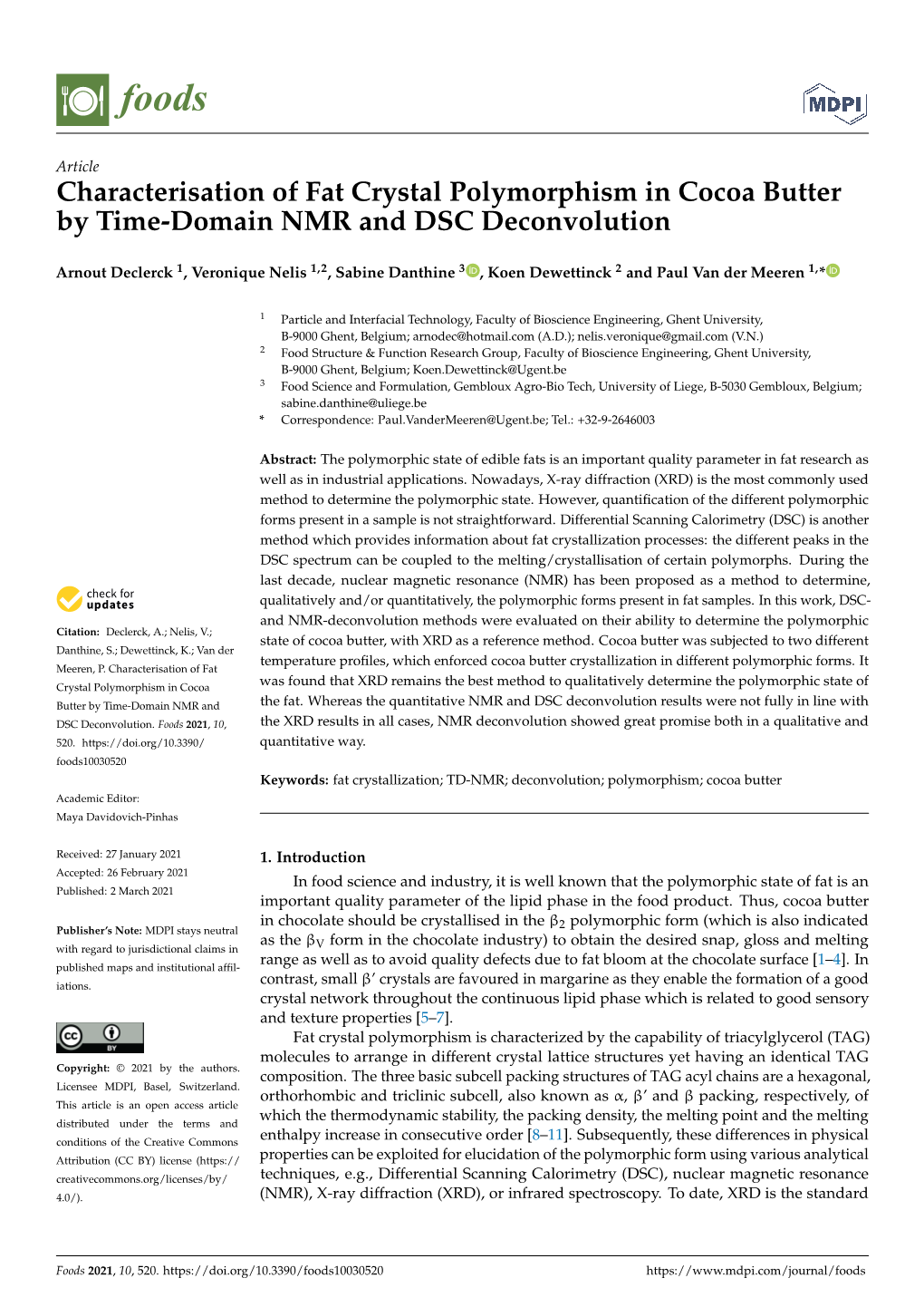 Characterisation of Fat Crystal Polymorphism in Cocoa Butter by Time-Domain NMR and DSC Deconvolution