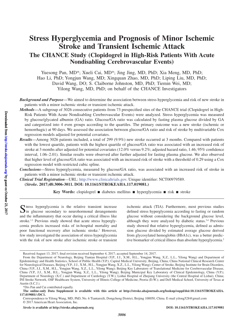 Stress Hyperglycemia and Prognosis of Minor Ischemic Stroke And