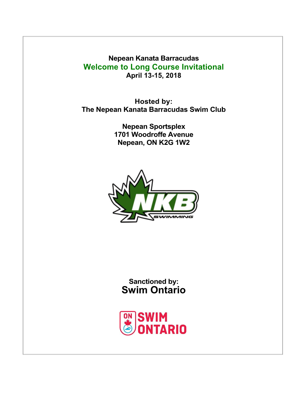 Nepean Kanata Barracudas Welcome to Long Course Invitational April 13-15, 2018