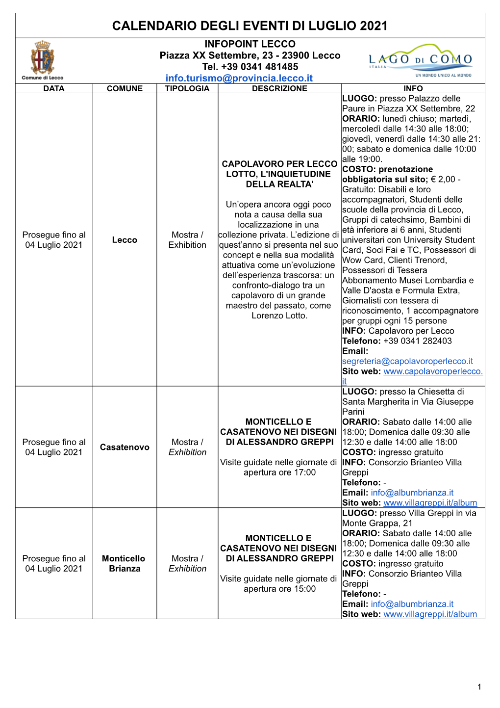 CALENDARIO DEGLI EVENTI DI LUGLIO 2021 INFOPOINT LECCO Piazza XX Settembre, 23 - 23900 Lecco Tel