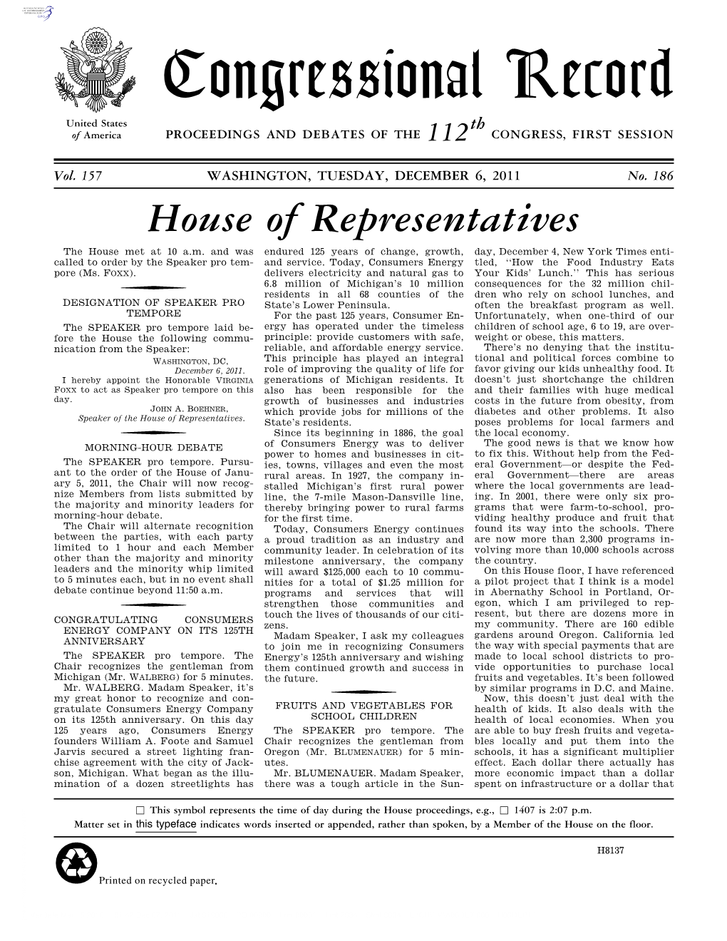 Congressional Record United States Th of America PROCEEDINGS and DEBATES of the 112 CONGRESS, FIRST SESSION