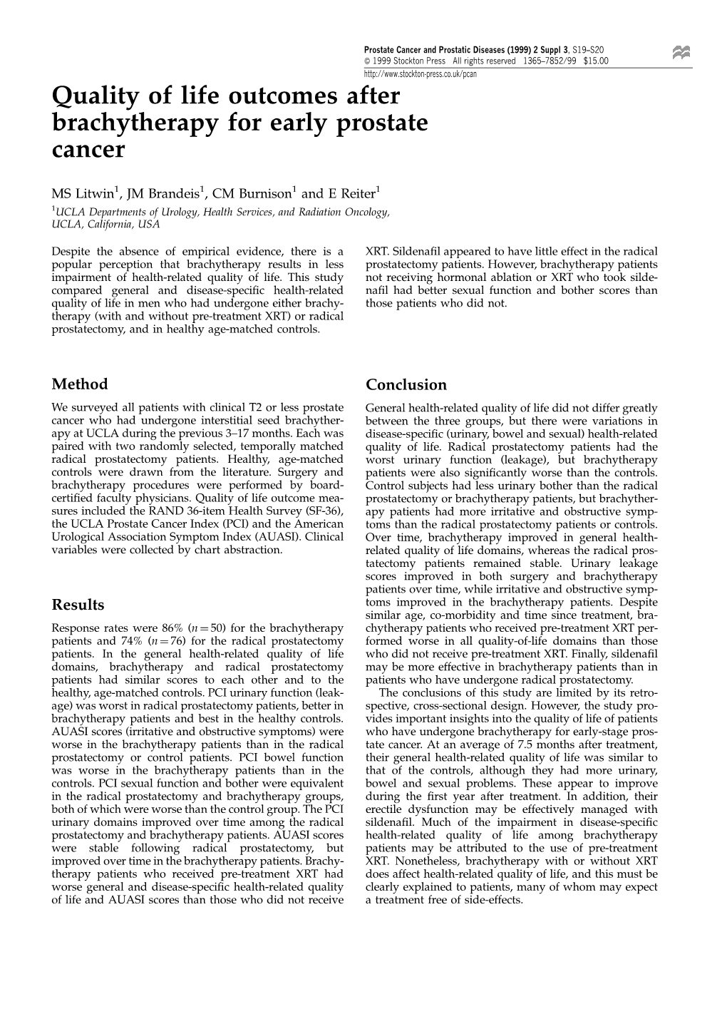 Quality of Life Outcomes After Brachytherapy for Early Prostate Cancer