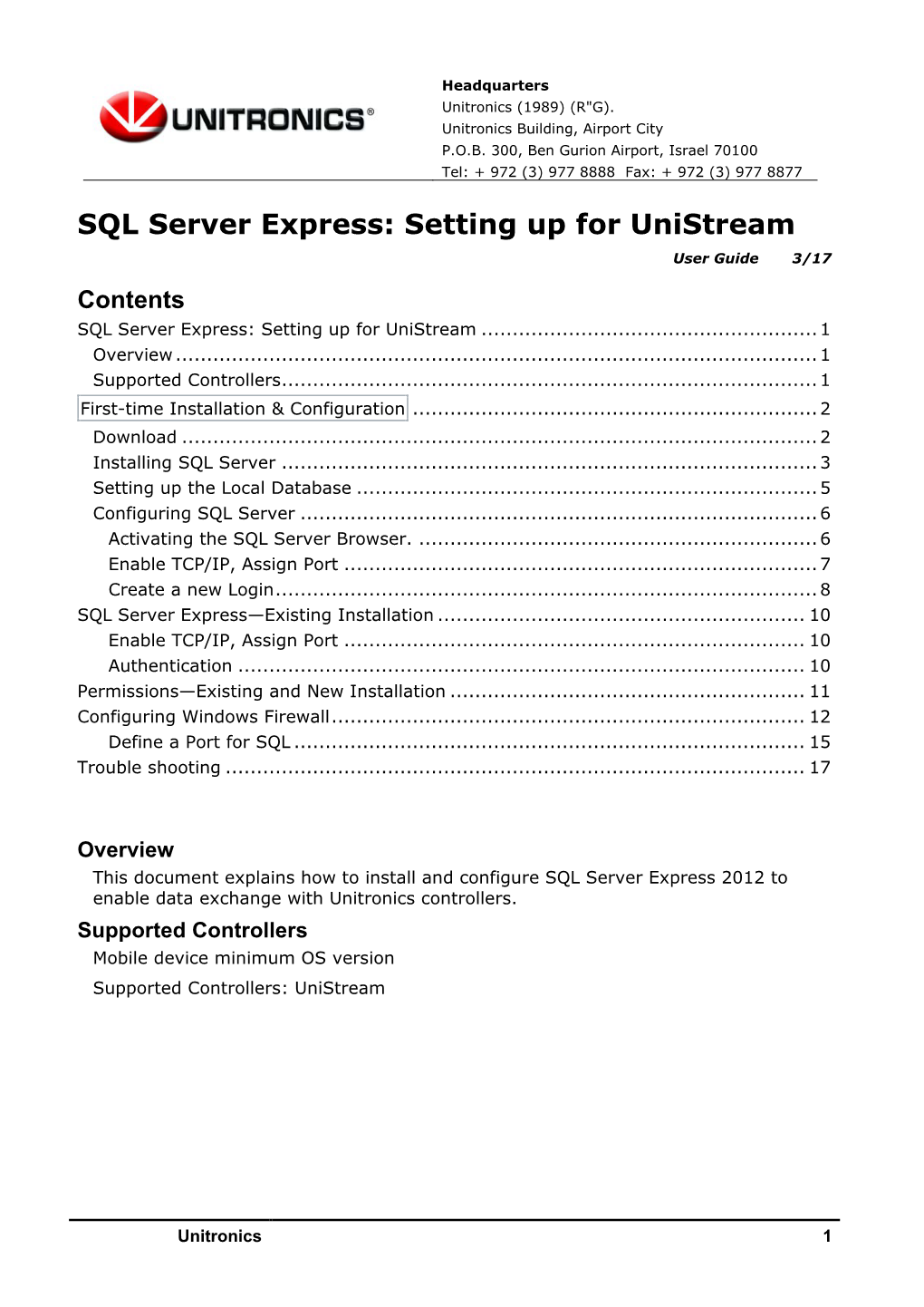 SQL Server Express: Setting up for Unistream User Guide 3/17