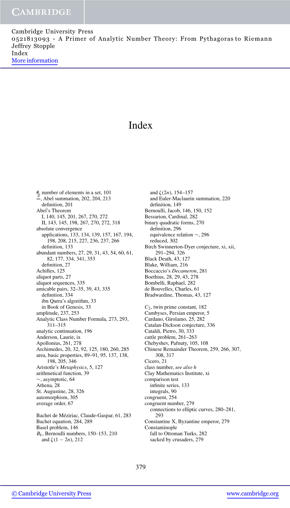 A Primer of Analytic Number Theory: from Pythagoras to Riemann Jeffrey Stopple Index More Information