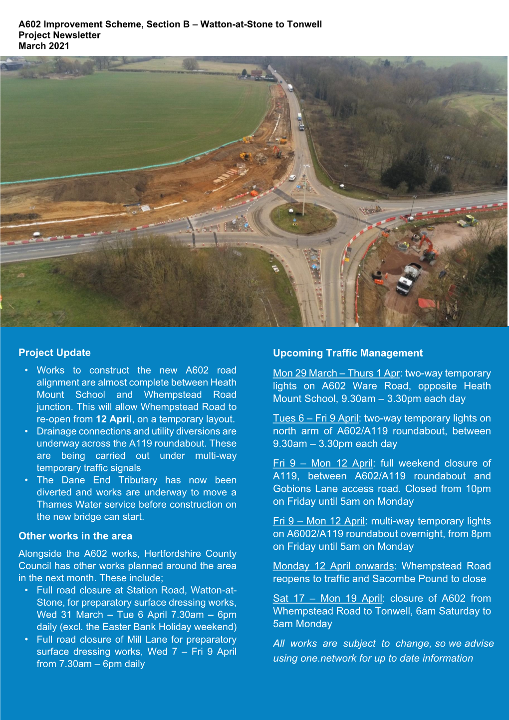 A602 Improvement Scheme, Section B – Watton-At-Stone to Tonwell Project Newsletter March 2021