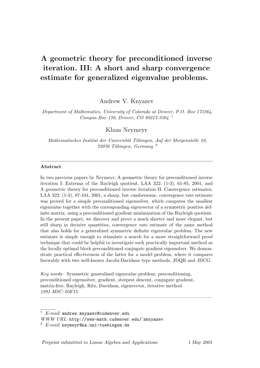 A Geometric Theory for Preconditioned Inverse Iteration. III: a Short and Sharp Convergence Estimate for Generalized Eigenvalue Problems