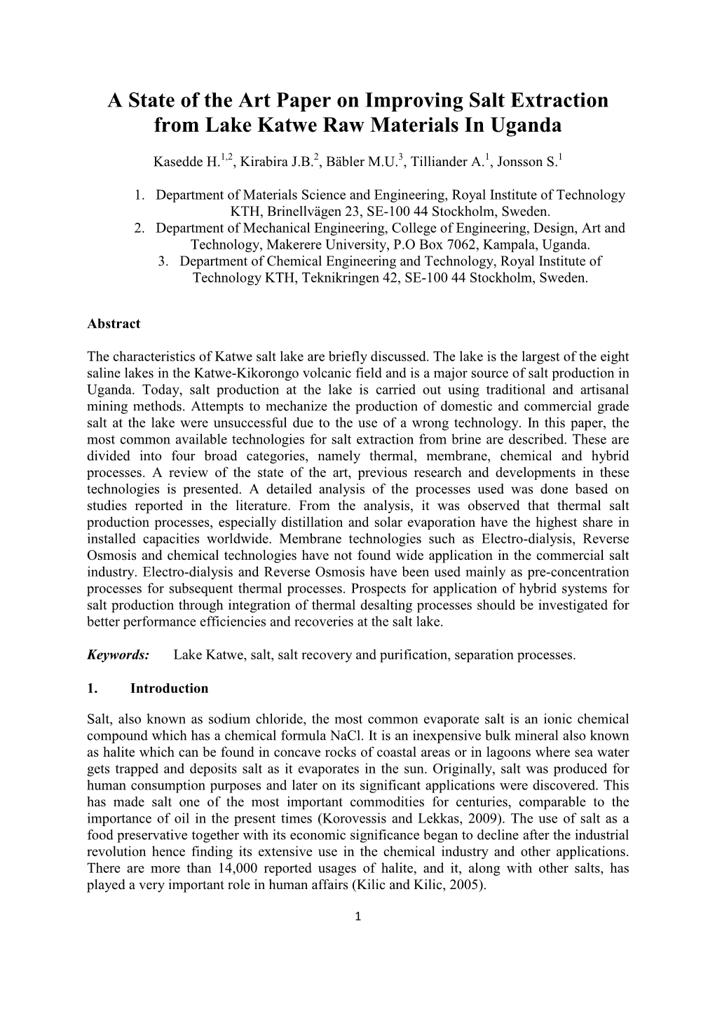 A State of the Art Paper on Improving Salt Extraction from Lake Katwe Raw Materials in Uganda