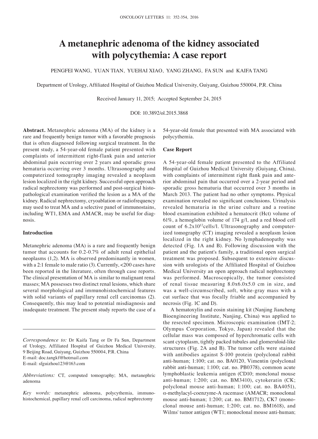 A Metanephric Adenoma of the Kidney Associated with Polycythemia: a Case Report