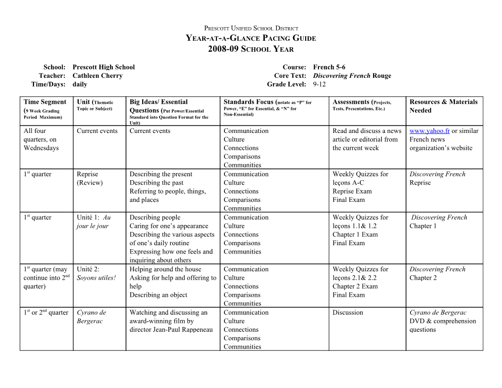 French 5­6 Teacher: Cathleen Cherry Core Text: Discovering French Rouge ​ Time/Days: Daily Grade Level: 9­12