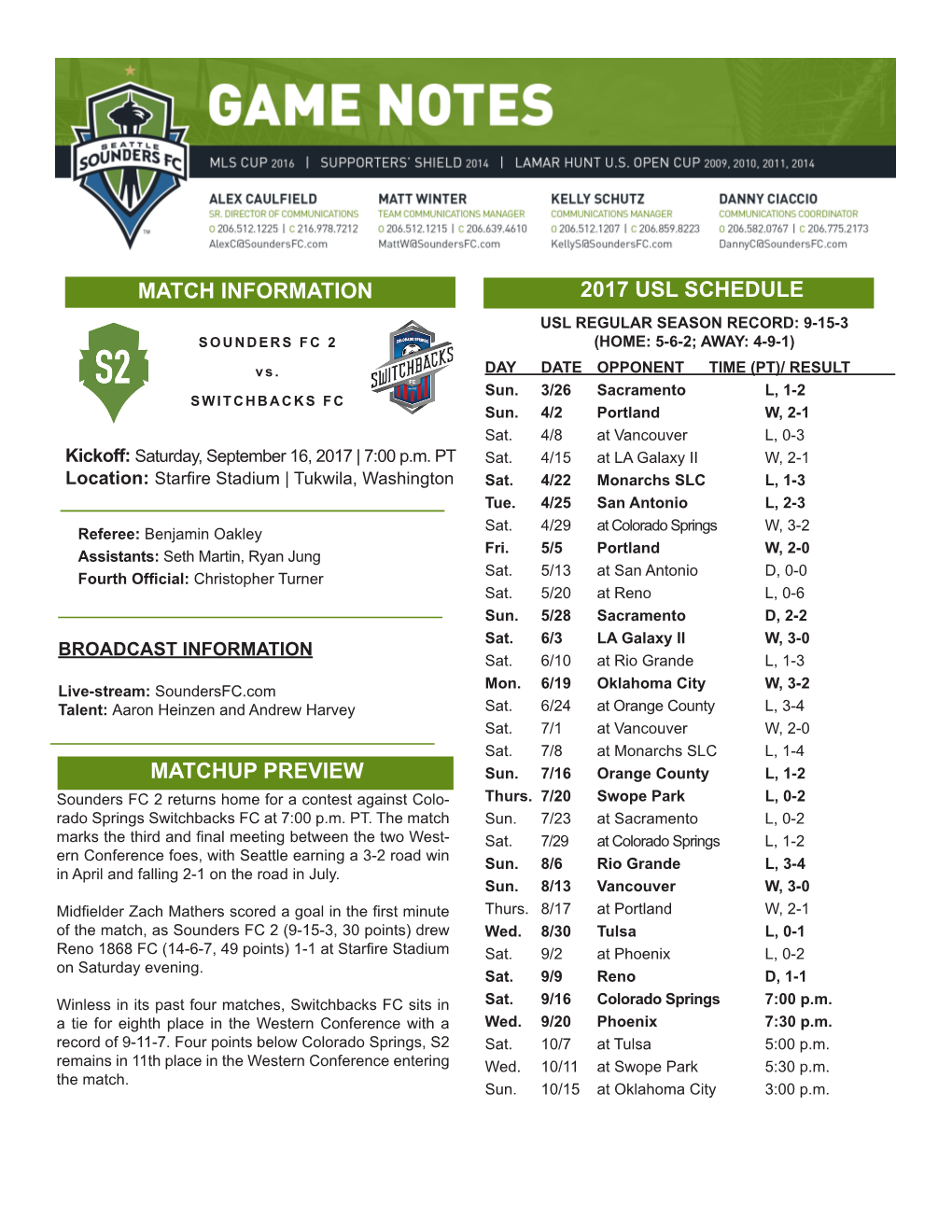 2017 Usl Schedule Matchup Preview Match Information