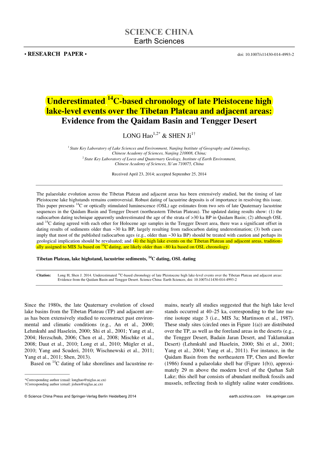 SCIENCE CHINA Underestimated 14C-Based Chronology of Late Pleistocene High Lake-Level Events Over the Tibetan Plateau and Adjace