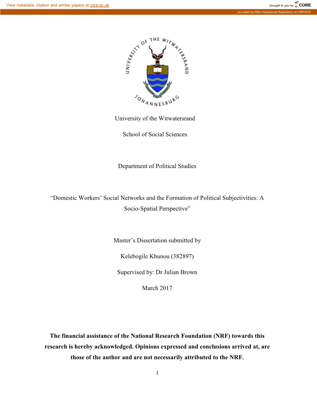 Domestic Workers‟ Social Networks and the Formation of Political Subjectivities: a Socio-Spatial Perspective”