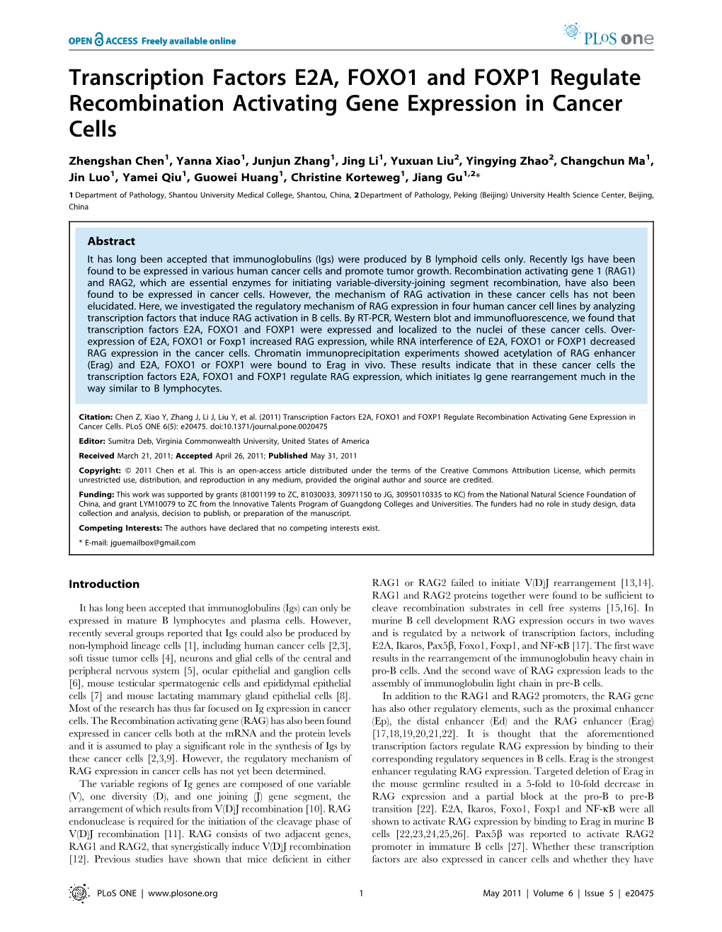 Transcription Factors E2A, FOXO1 and FOXP1 Regulate Recombination Activating Gene Expression in Cancer Cells