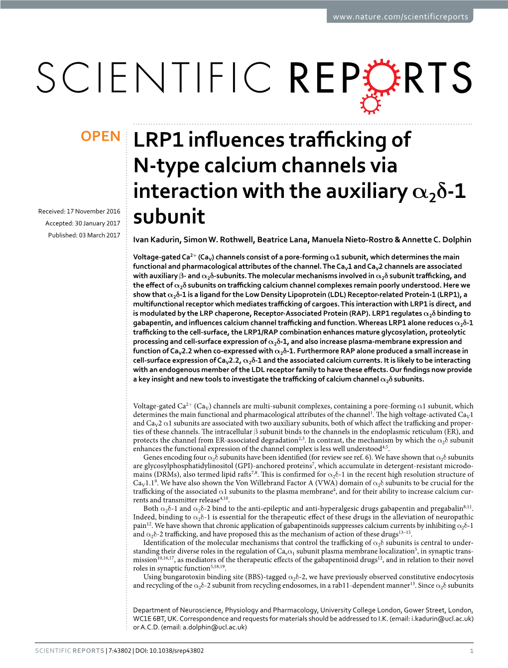LRP1 Influences Trafficking of N-Type Calcium Channels Via Interaction