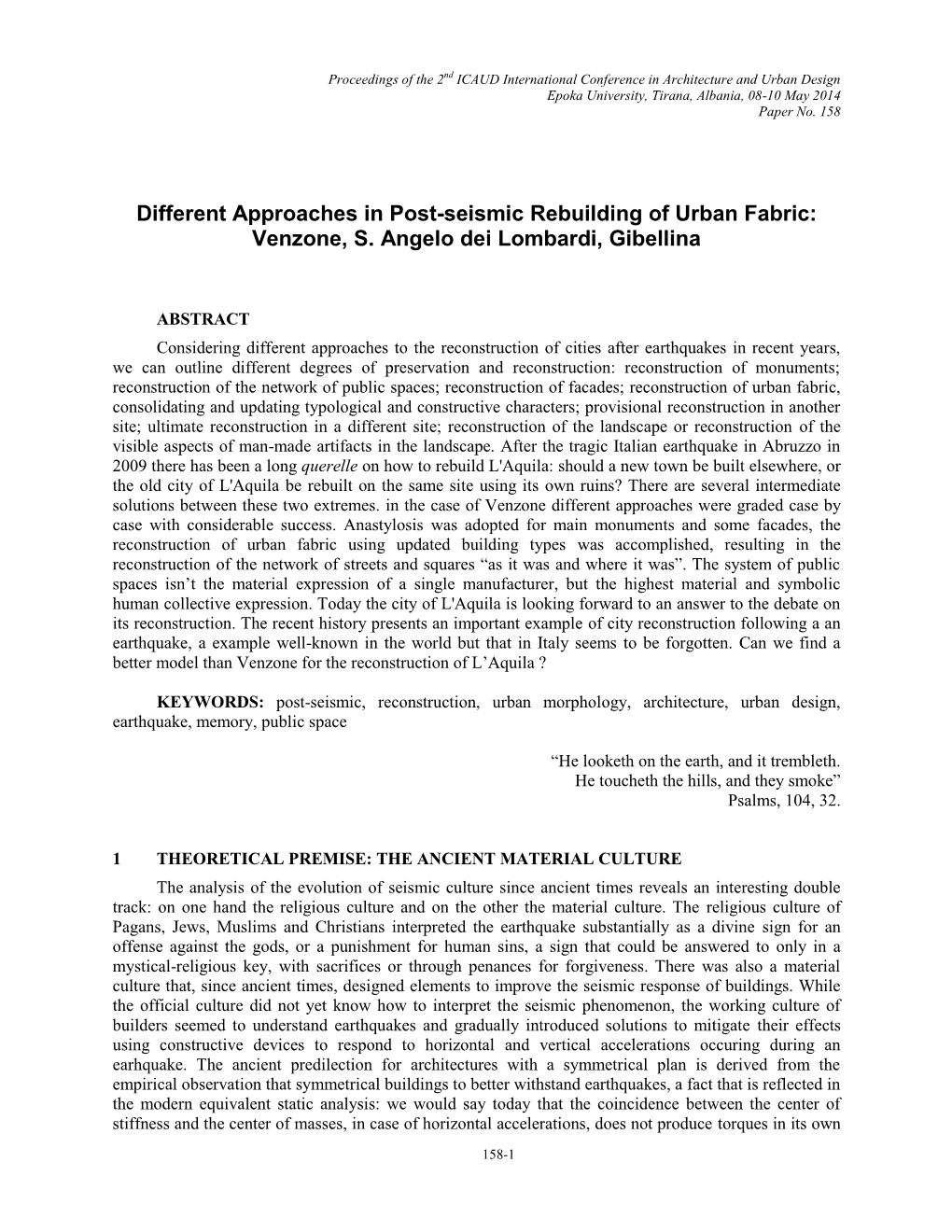 Different Approaches in Post-Seismic Rebuilding of Urban Fabric: Venzone, S