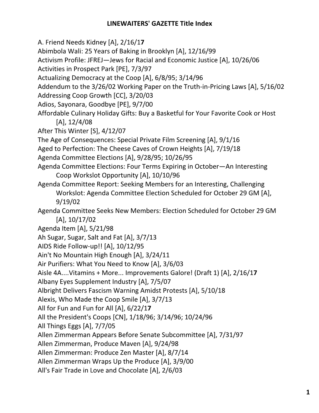 LINEWAITERS' GAZETTE Title Index