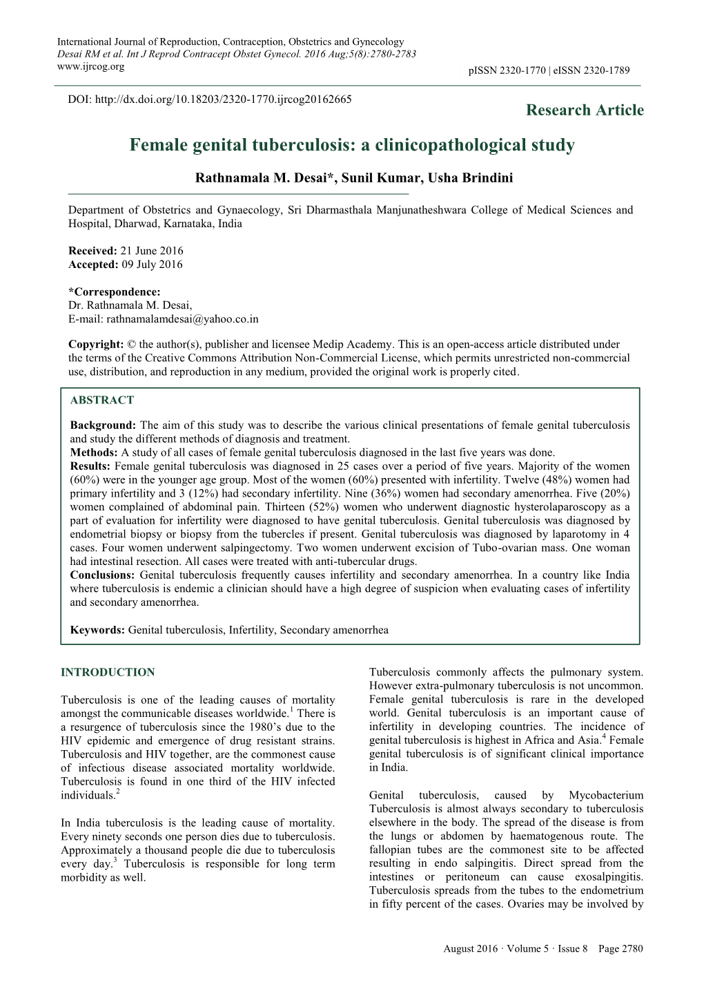 Female Genital Tuberculosis: a Clinicopathological Study