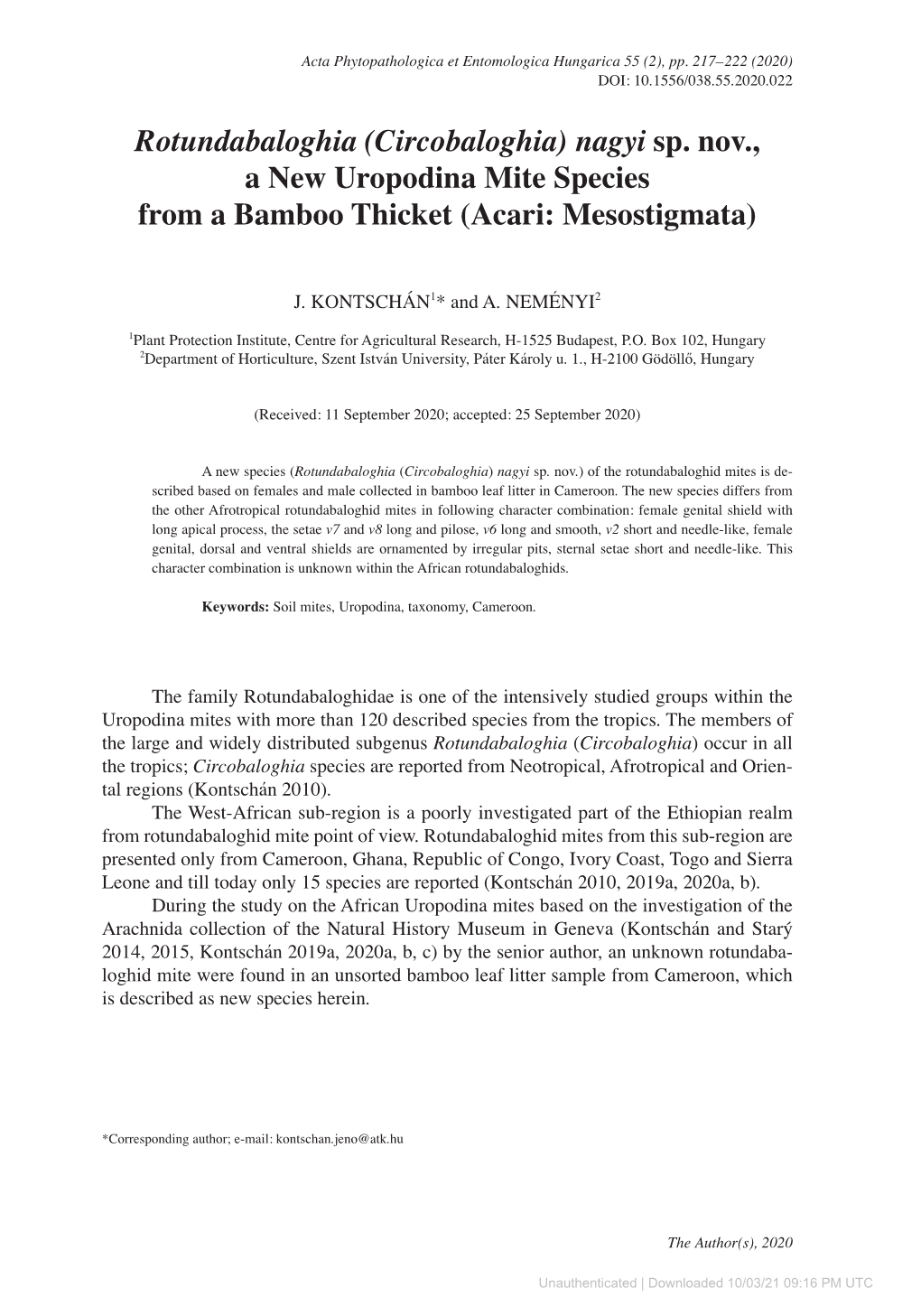 Nagyi Sp. Nov., a New Uropodina Mite Species from a Bamboo Thicket (Acari: Mesostigmata)