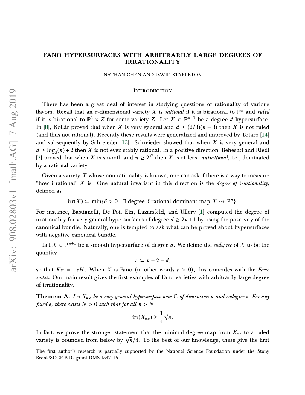 Fano Hypersurfaces with Arbitrarily Large Degrees of Irrationality 3