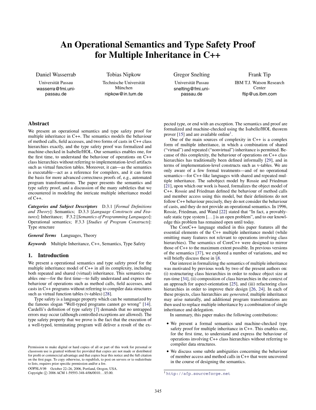 An Operational Semantics and Type Safety Proof for Multiple Inheritance in C++