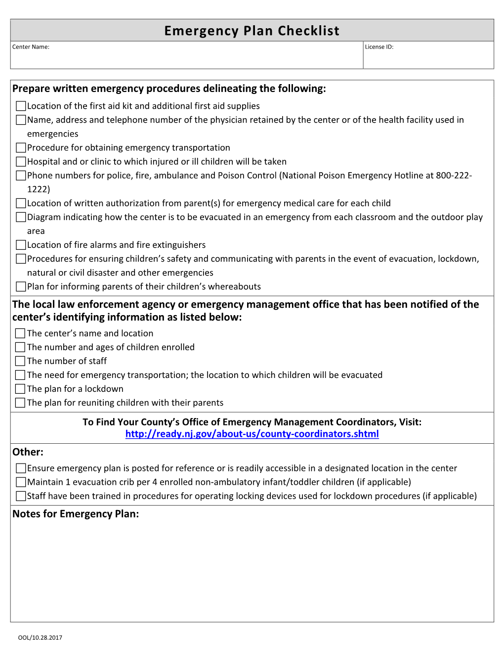 Emergency Plan Checklist Center Name: License ID