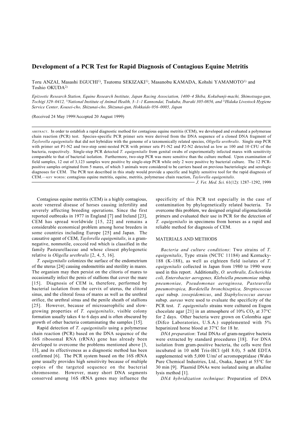 Development of a PCR Test for Rapid Diagnosis of Contagious Equine Metritis