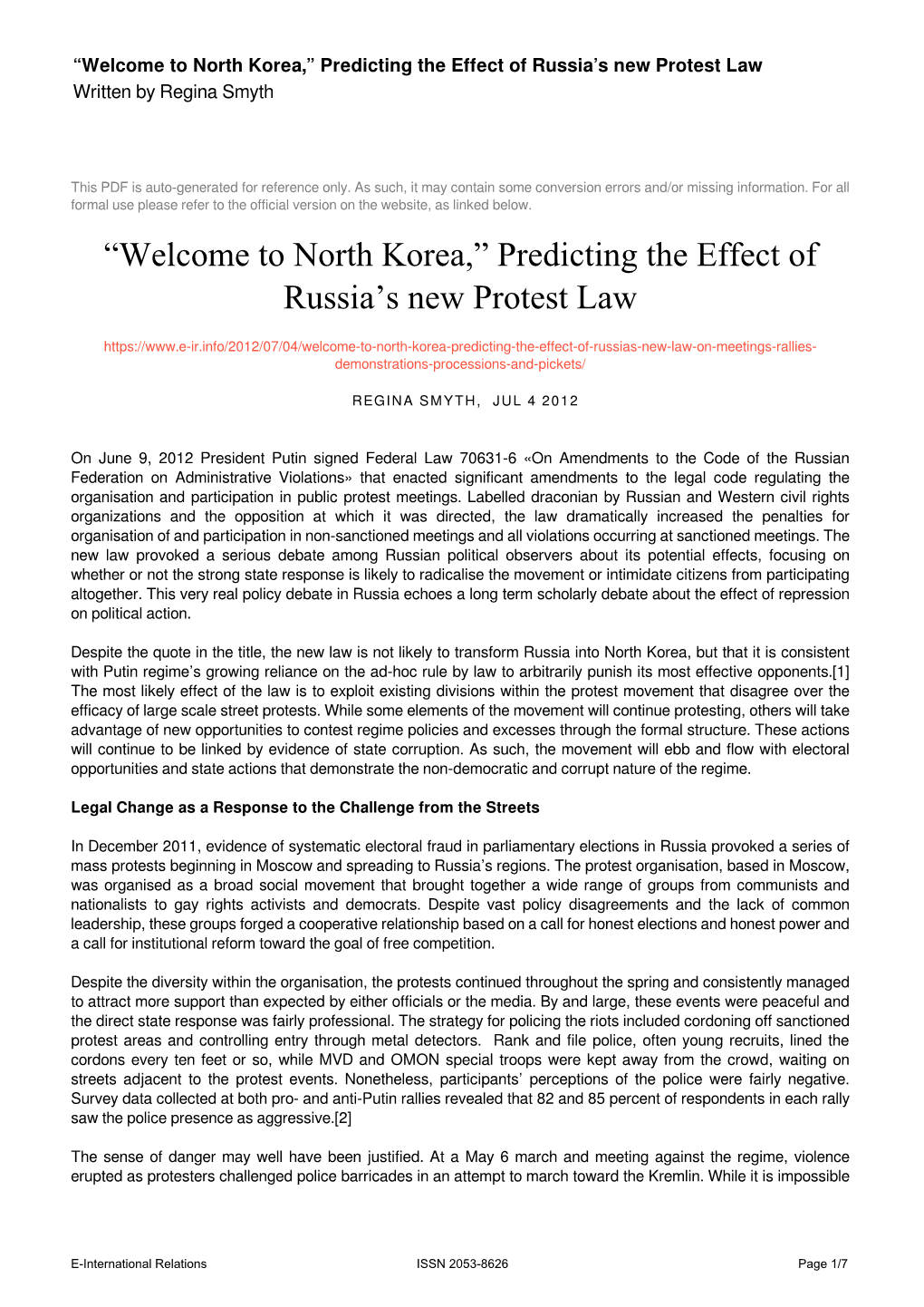 North Korea,” Predicting the Effect of Russia's