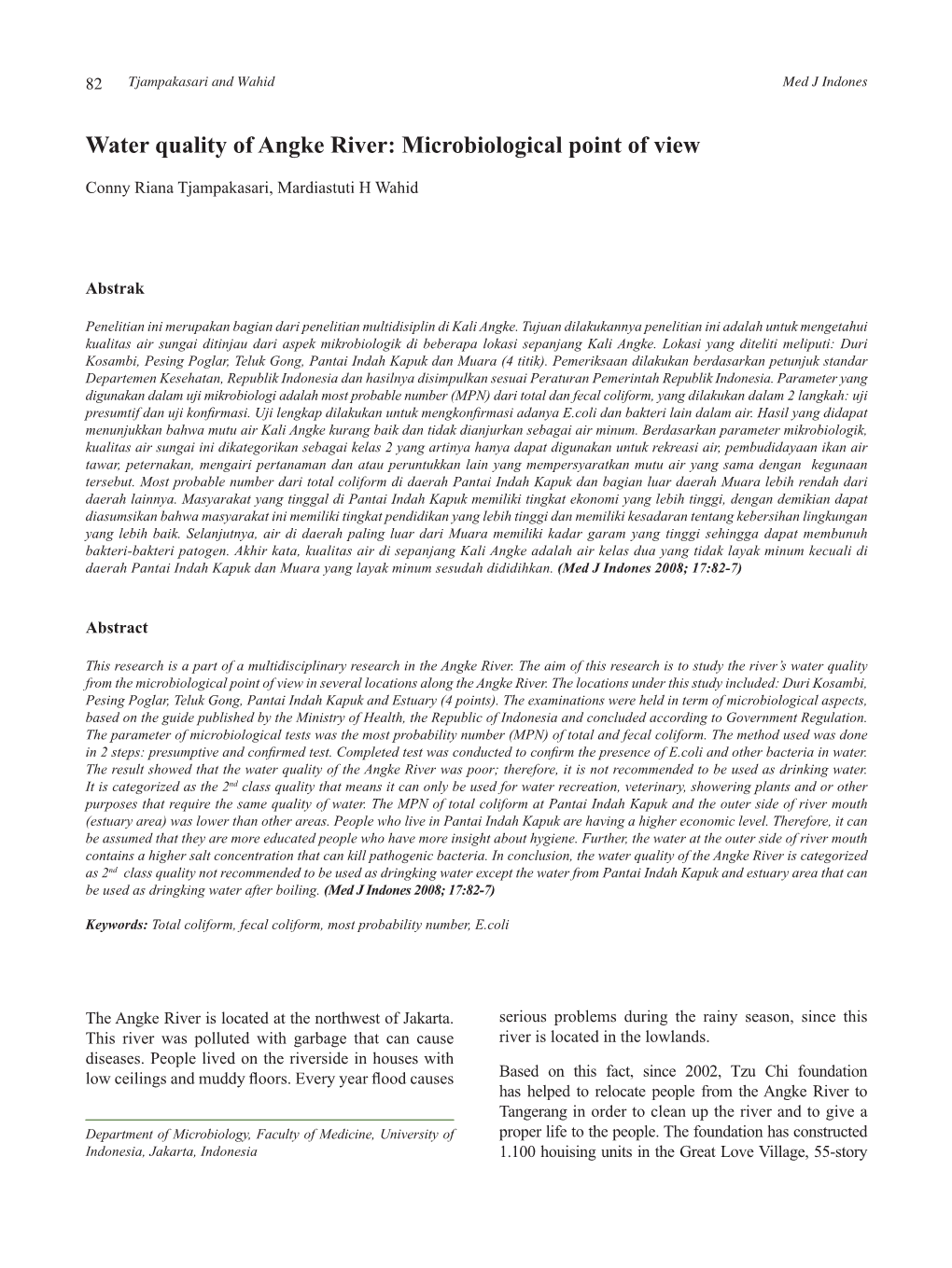 Water Quality of Angke River: Microbiological Point of View