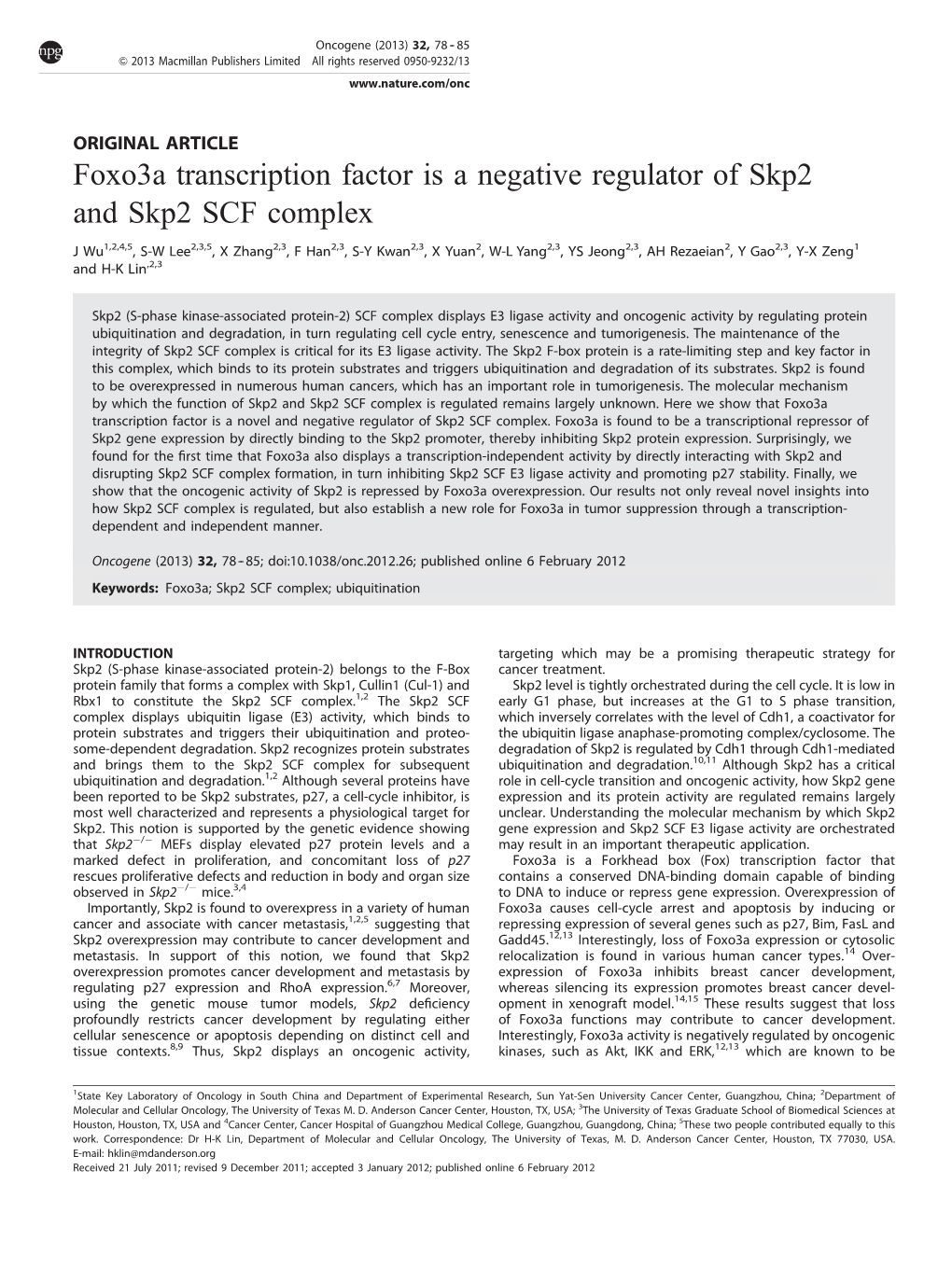 Foxo3a Transcription Factor Is a Negative Regulator of Skp2 and Skp2 SCF Complex