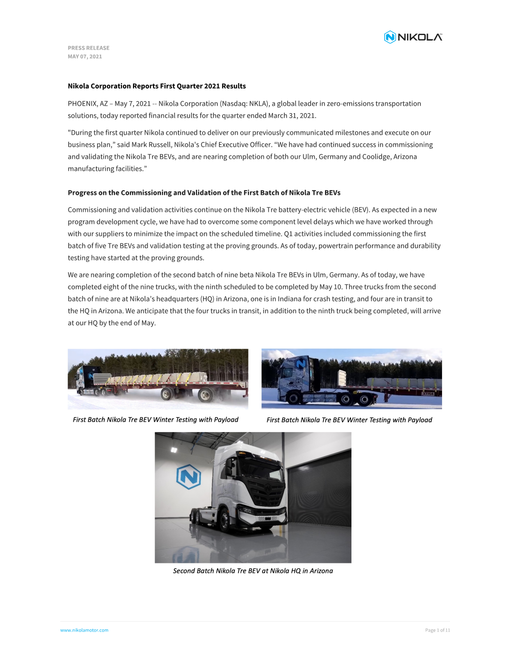 Nikola Corporation Reports First Quarter 2021 Results