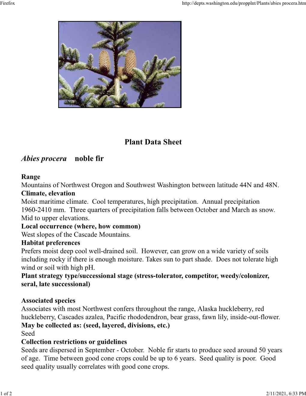 Plant Data Sheet Abies Procera Noble