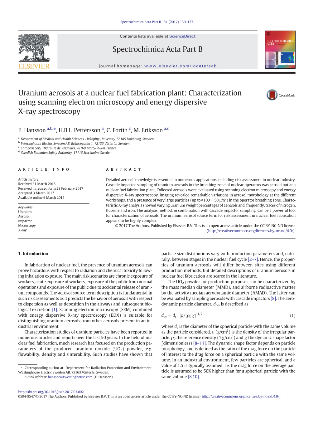 Uranium Aerosols at a Nuclear Fuel Fabrication Plant: Characterization Using Scanning Electron Microscopy and Energy Dispersive X-Ray Spectroscopy