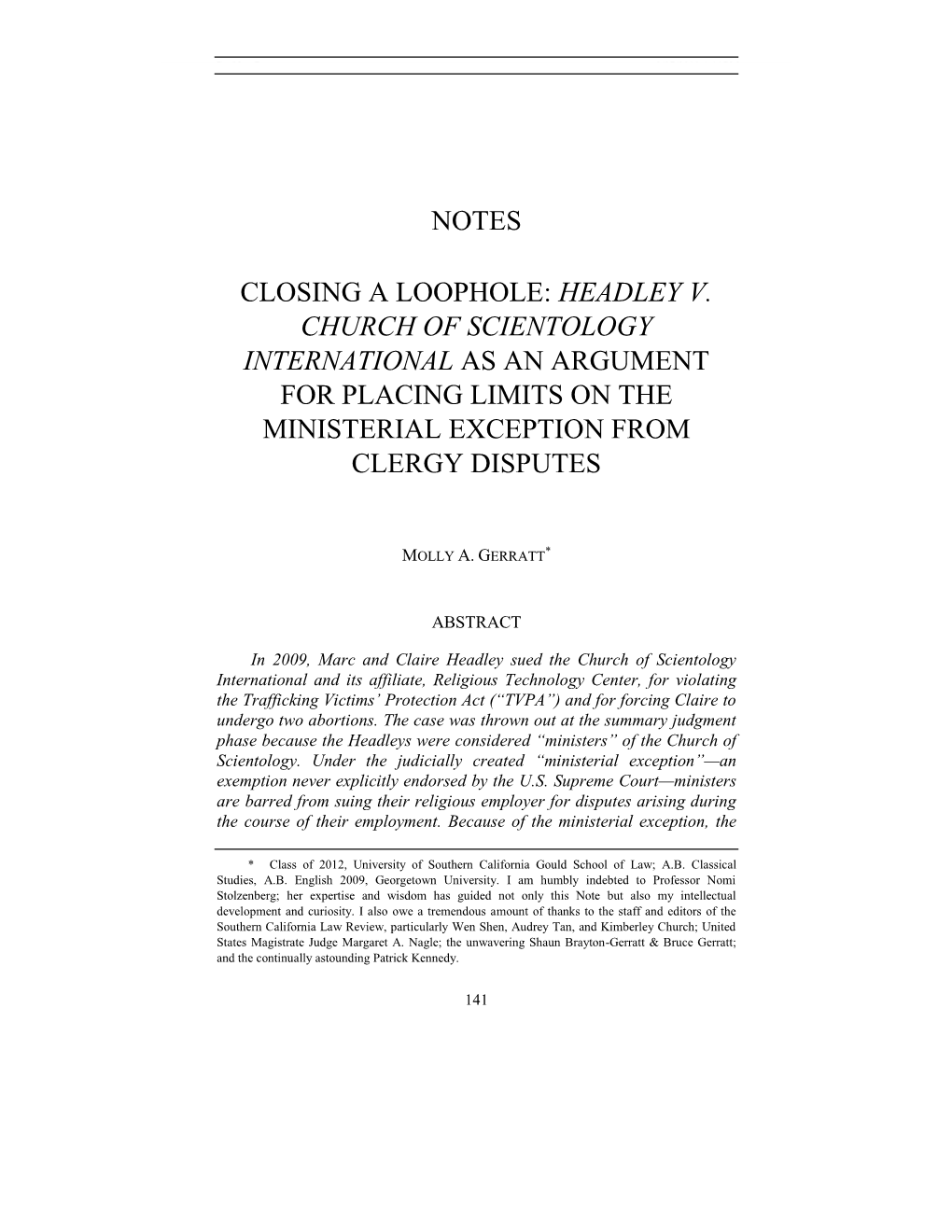 Headley V. Church of Scientology International As an Argument for Placing Limits on the Ministerial Exception from Clergy Disputes