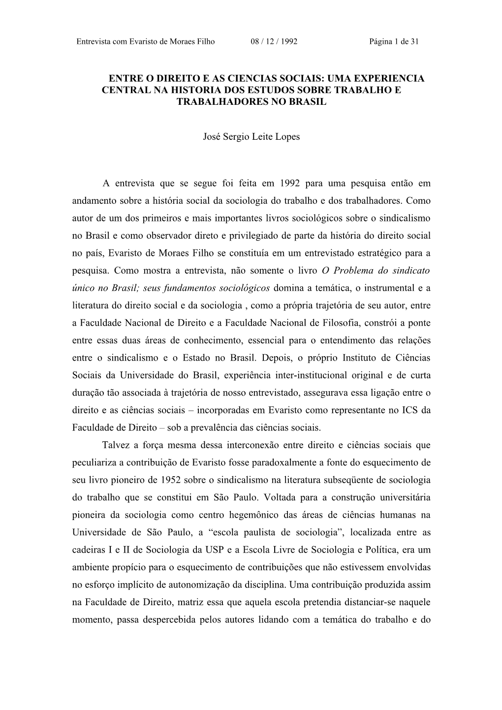 Entrevista Com Evaristo De Moraes Filho 08 / 12 / 1992 Página 1 De 31