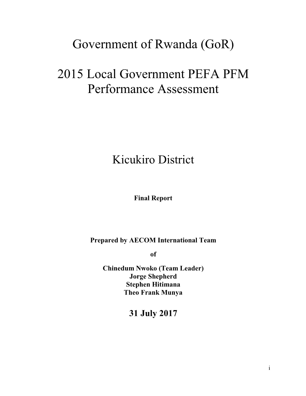 Government of Rwanda (Gor) 2015 Local Government PEFA PFM