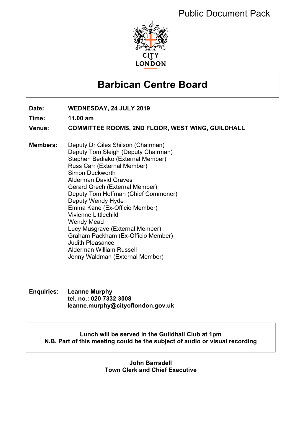 (Public Pack)Agenda Document for Barbican Centre Board, 24/07/2019 11:00