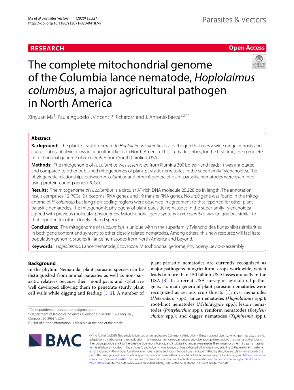 The Complete Mitochondrial Genome of the Columbia Lance Nematode