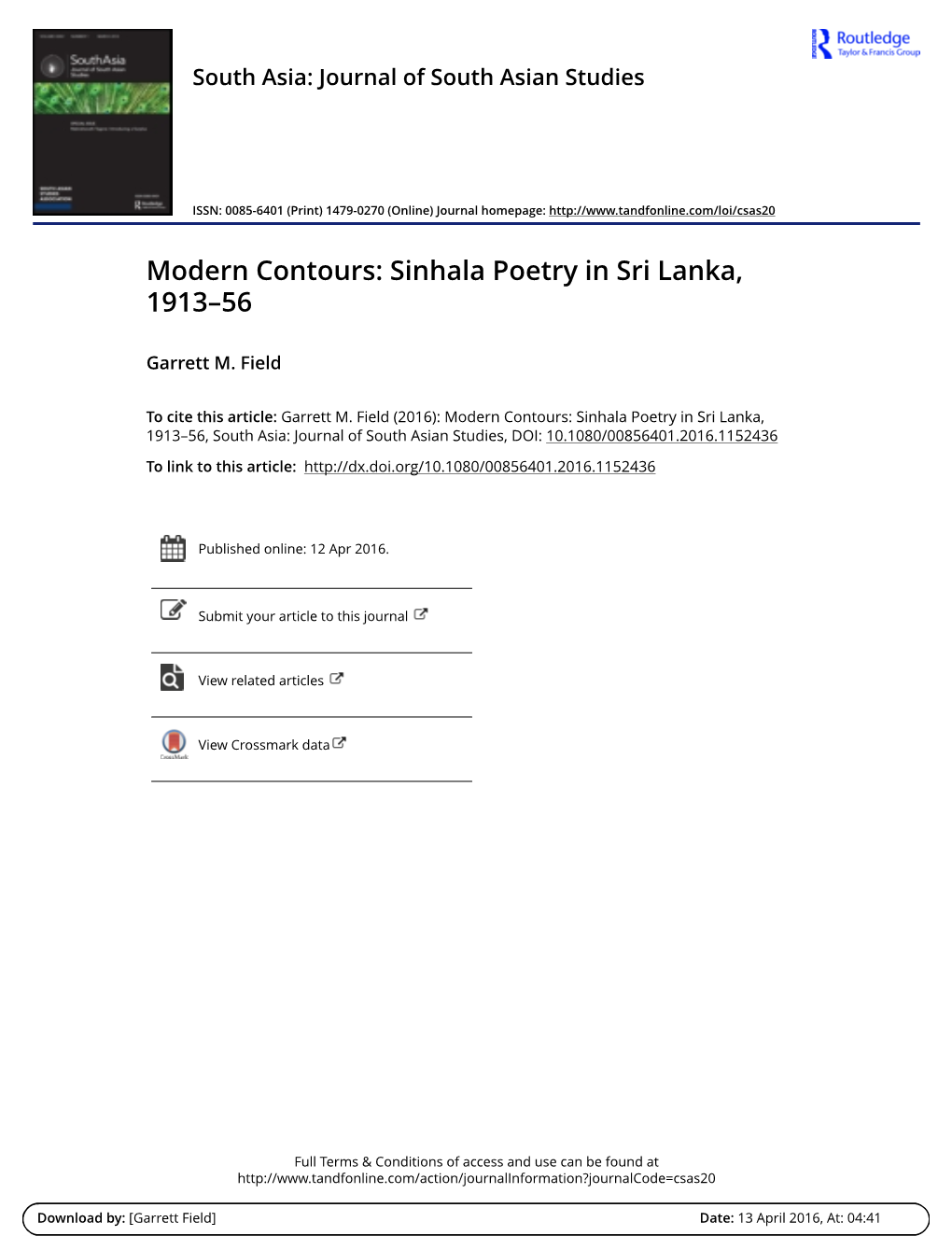 Modern Contours: Sinhala Poetry in Sri Lanka, 1913-56