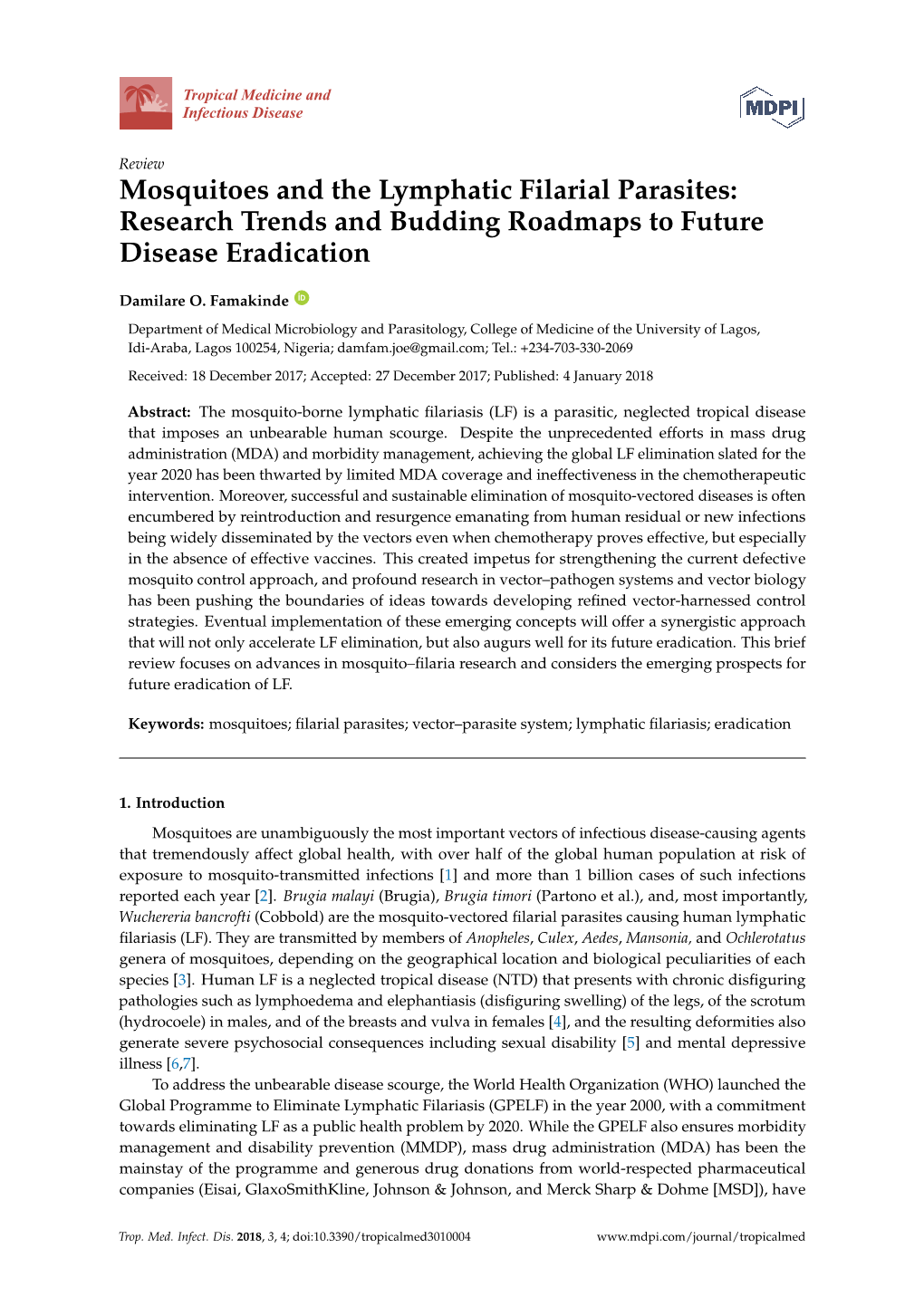 Mosquitoes and the Lymphatic Filarial Parasites: Research Trends and Budding Roadmaps to Future Disease Eradication